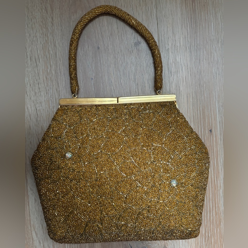 Vintage Gold Beaded Evening Bag Top Handle Purse 1950s Frame Clasp Formal *S23 - Picture 2 of 5